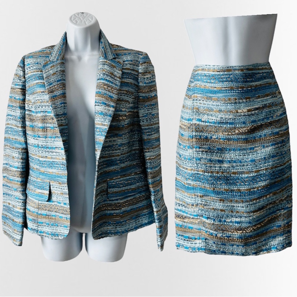 Vintage Vertigo Paris Blue, Tan White Tweed Skirt Suit Size Small